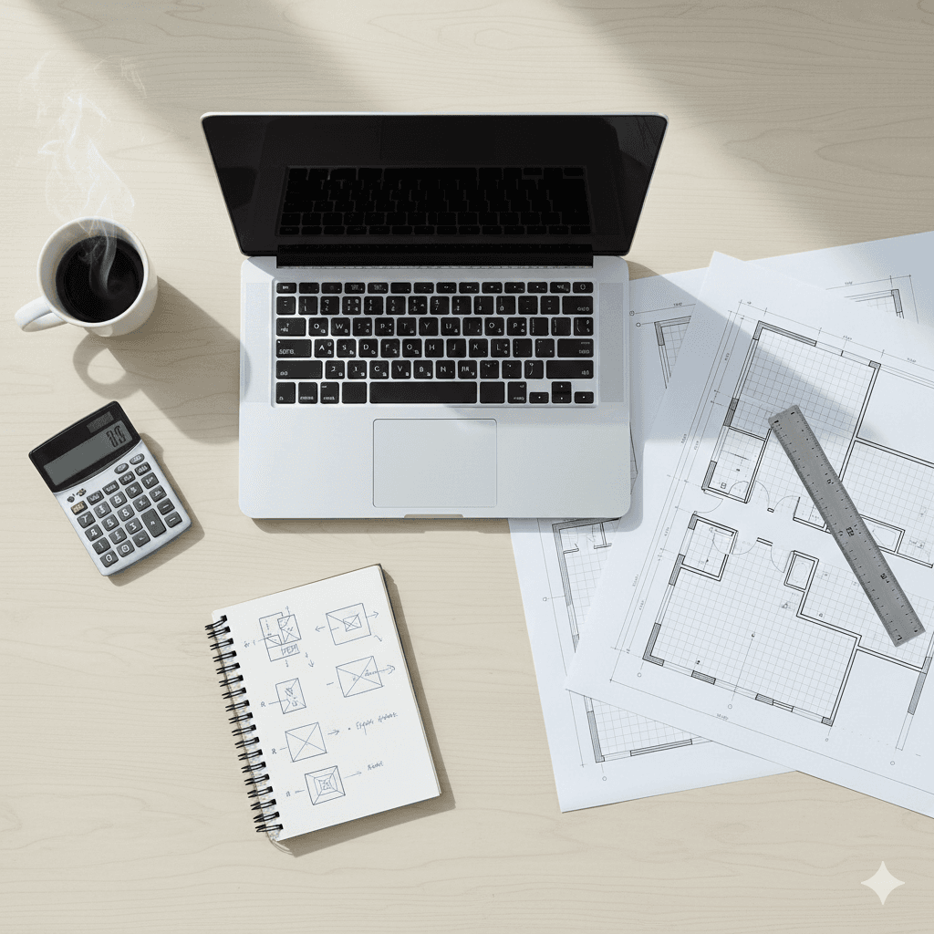 Desk with Plans & Laptop